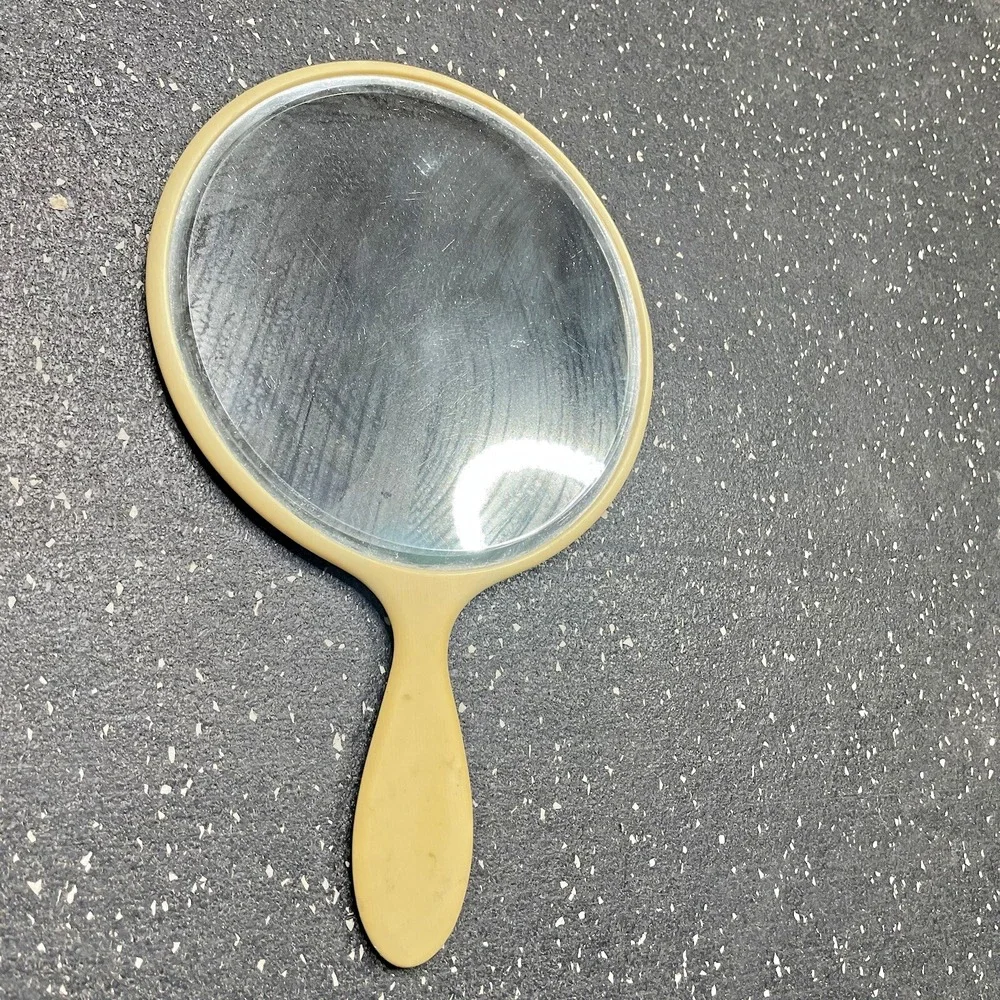Vtg MCM French Ivory Celluloid Round Beveled Vanity Hand Mirror‎ 12 1/2